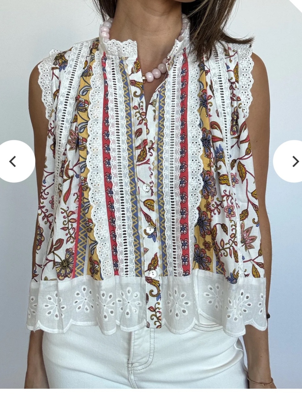 Embroidered Boho Lace-Trim Camisole in White and Mustard - Unknown Brand